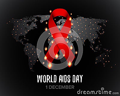 Red ribbon of aids awareness with text for 1st December World Aids Day. World map. illustration. Stock Photo