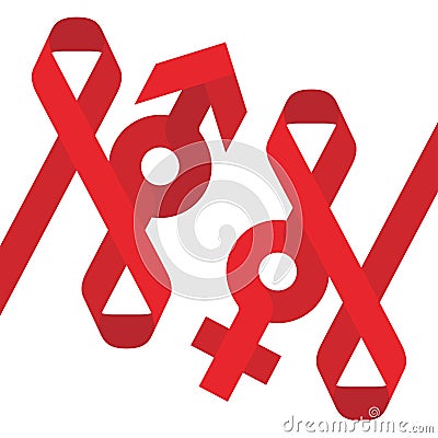 Red ribbon AIDS, HIV and male female sign icon flat color design Vector Illustration