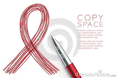 Red ribbon AIDS icon symbol hand drawing by pen sketch red color Vector Illustration