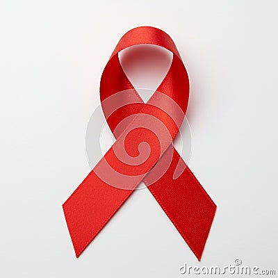 A red ribbon is arranged in a loop with a diagonal cross at the front, set against a plain Stock Photo