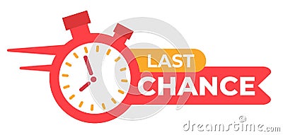 Red ribbon with clock and last chance seal. Sale banner with countdown alarm clock for retail, shop, social media. Vector Illustration