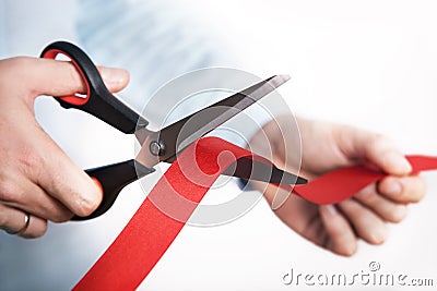 Red ribbon cutting for open new project Stock Photo