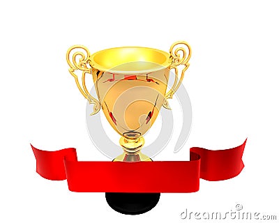 Red ribbon and a golden trophy cup Stock Photo
