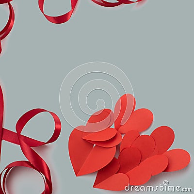 Red ribbon heart gray background gift Concept Valentine's day, women's day, mother's day Stock Photo