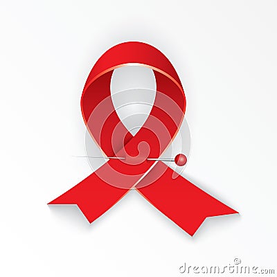 Red ribbon pinned to the collar of medical robe. Stop AIDS. The concept of the poster or web banner. Vector Illustration