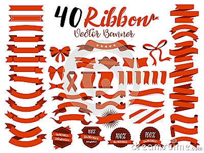 40 Red Ribbon vector illustration with flat design. Included the graphic element as retro badge, guarantee label, sale tag, discou Vector Illustration