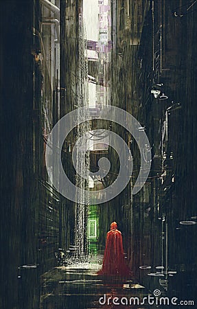 Red Riding Hood in futuristic alley,science fiction scene Cartoon Illustration