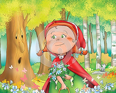 Red riding hood in the wood Cartoon Illustration