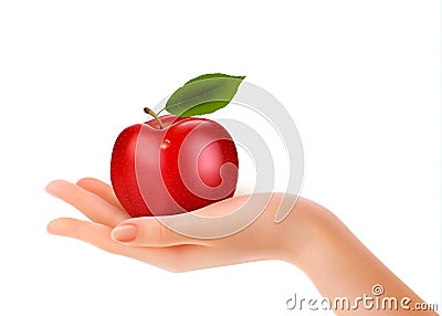 Red ripe apple in a hand. Concept of diet. Vector Illustration