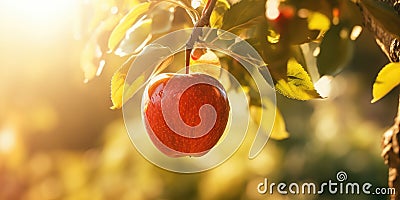 A red ripe apple on an apple tree, sunlit on the morning Cartoon Illustration