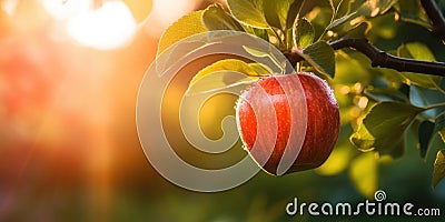 A red ripe apple on an apple tree, sunlit on the morning Cartoon Illustration