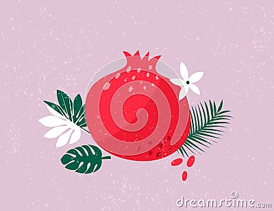 Red ripe pomegranate and tropical leaves illustration on pink background. Summer art. Vector Illustration