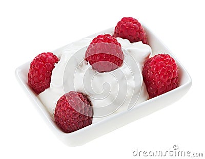 Red ripe raspberry fruit in small square plate Stock Photo