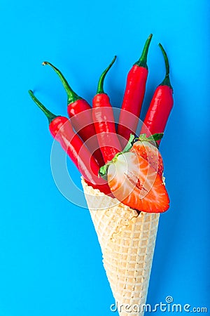 Red ripe strawberries and chili peppers on a blue background Stock Photo