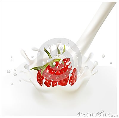 Red ripe strawberry falling into the milky splash Vector Illustration