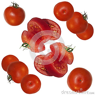 Red ripe tomatoes, whole and sliced repeated on a white background. Seamless isolated pattern Stock Photo