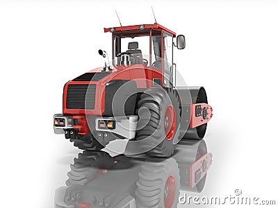 Red road vibratory roller rear view 3D rendering on white background with shadow Stock Photo