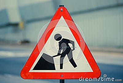 Red road work sign Stock Photo