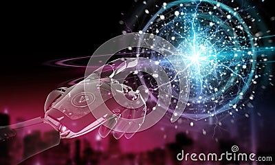 Red robot hacking a digital globe system 3D rendering Stock Photo