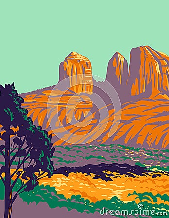 Red Rock State Park with Red Sandstone Canyon in Sedona Arizona USA WPA Poster Art Vector Illustration