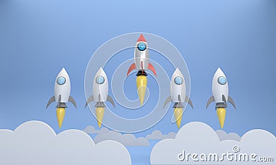 The Red rocket that soars high and different than other rockets. Startup business successful concept Stock Photo