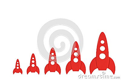 Red rockets are in order of increasing on a white background. The concept of space and technology, travel to the stars and other p Stock Photo