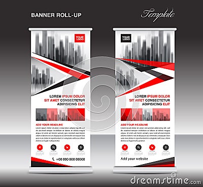 Red Roll up banner, stand template, poster, display, advertising Vector Illustration