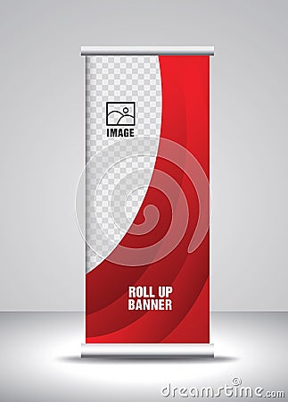 Red Roll up banner template vector, banner, stand, exhibition design, advertisement, pull up, x-banner Vector Illustration