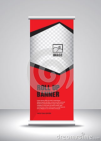 Red Roll up banner template vector, banner, stand, exhibition design, advertisement, pull up, x-banner Vector Illustration