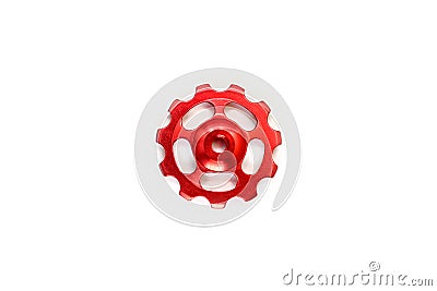 Red roller, gear for bicycle rear derailleur isolated on white background Stock Photo