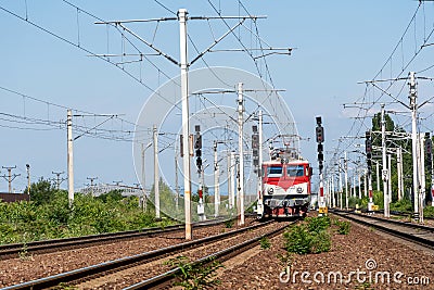 Red romanian electric locomotive Stock Photo