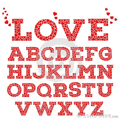 Red romantic alphabet with love inscription made of small red heart shapes on white background. Vector Illustration