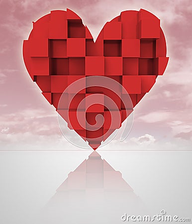 Red romantic dimensional cubic heart with cloudy sky Cartoon Illustration
