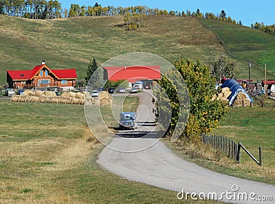 Red roof building on the farm Stock Photo