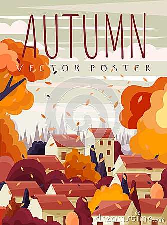 Red roofed houses in a town in autumn with colorful orange leaves on the trees and blowing in the wind, vector seasonal Vector Illustration