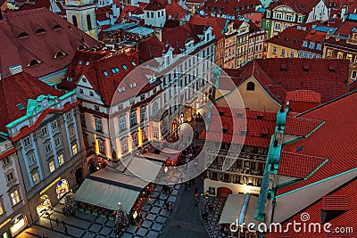 Red roofs, houses and street in Old Town of Prague. Editorial Stock Photo