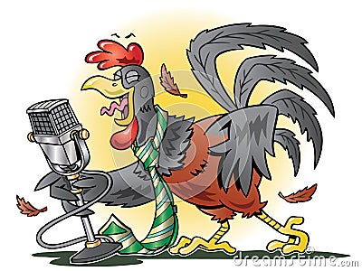 Red rooster crowing into a microphone. Vector Illustration