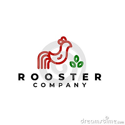 red rooster outline logo with three leaves Vector Illustration