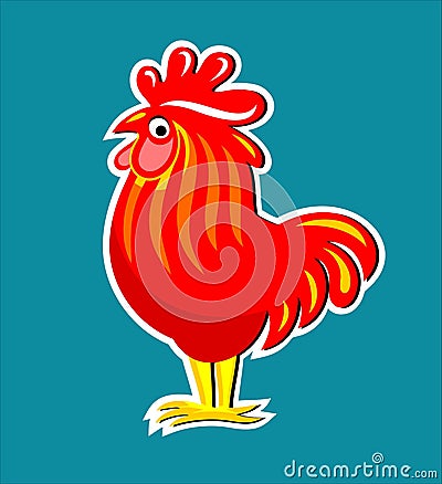 Colored vector illustration isolated on a turquoise background. Red rooster stylized as a logo. Your poultry farm logo. Cartoon Vector Illustration