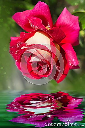 Single blooming red rose reflected in the water Stock Photo
