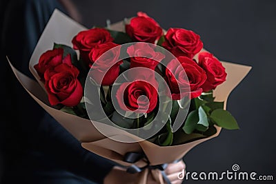 red rose bouquet being presented to special person, with romantic and sweet gesture Stock Photo