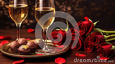 Red rose bouquet with two glasses of wine and chocalate praline on the table, romantic dinner concept, Valentine s day background Stock Photo