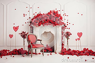Red Rose Decoration with Heart Motifs in Elegant Interior Stock Photo