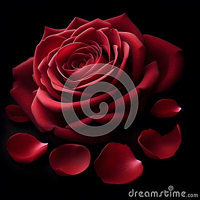 Red Rose Flower On Black Background And Petals Photographed Stock Photo