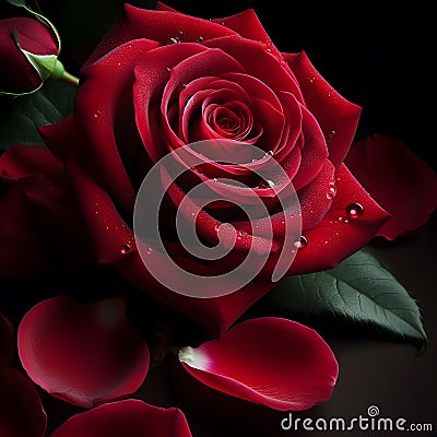 Red Rose Flower On Black Background And Petals Photographed Stock Photo