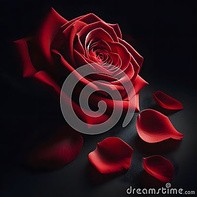 Red Rose Flower On Black Background And Petals Photographed Stock Photo