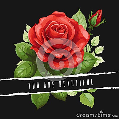 Red rose flower on black, floral beautiful motivational poster design. Modern fashion print, decorative cartoon roses Vector Illustration