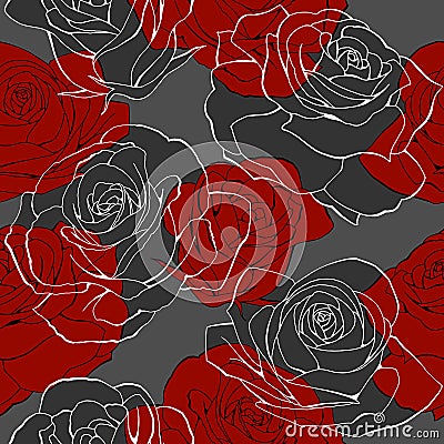 Red rose flower bouquets contour elements seamless pattern on gray Vector Illustration