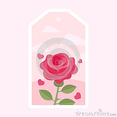 Red Rose Flower Bud With Flying Hearts Against Pink Clouds Pentagon Stock Photo