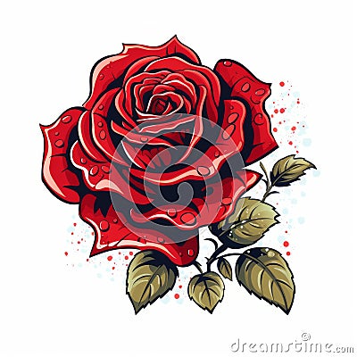 Red Rose Tattoo Design With Water Drop Style Cartoon Illustration
